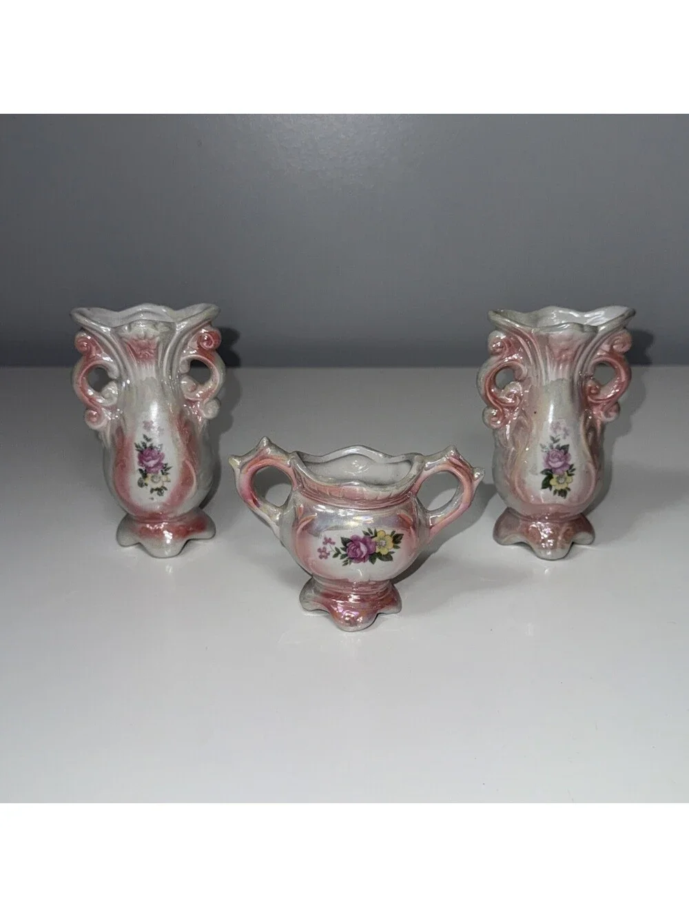 VTG Lusterware Floral Bud Vases Iridescent Pink Finish, Footed Handles Set Of 3
